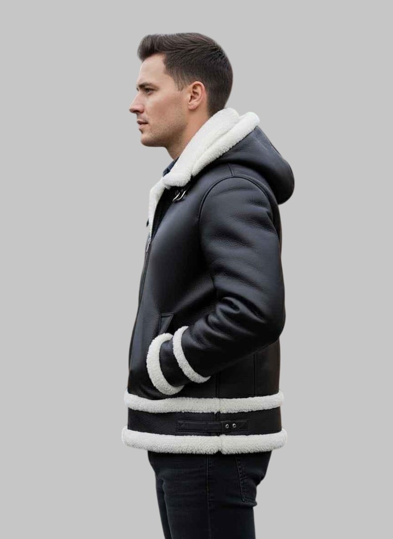 Men Black Hooded Shearling Aviator Leather Jacket
