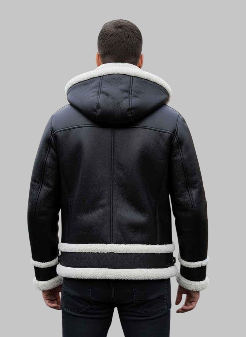 Men Black Hooded Shearling Aviator Leather Jacket