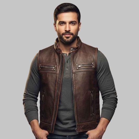 Men Distressed Brown Leather Biker Vest