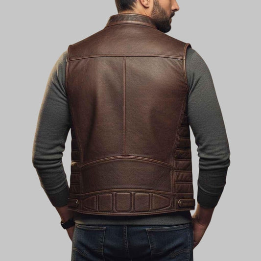 Men Distressed Brown Leather Biker Vest