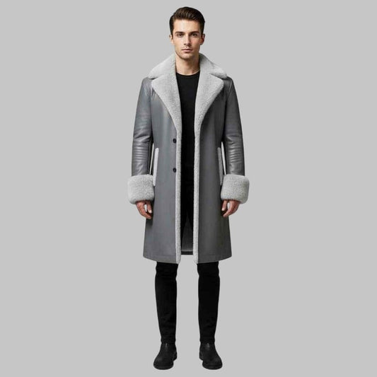 Men Grey Shearling Sheepskin Leather Coat