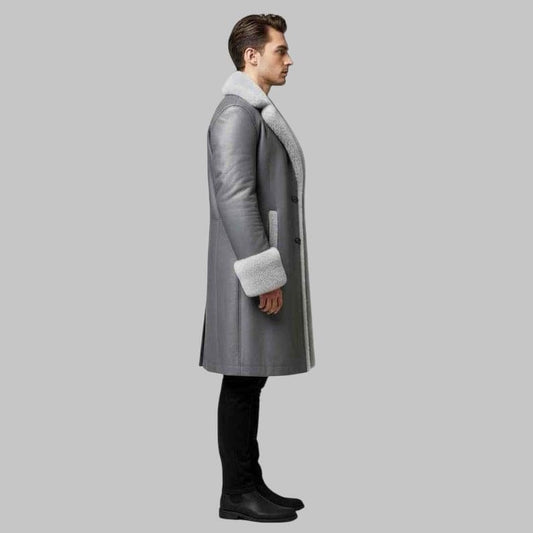 Men Grey Shearling Sheepskin Leather Coat