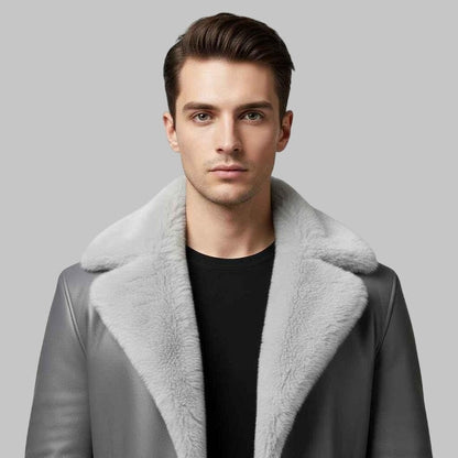 Men Grey Shearling Sheepskin Leather Coat