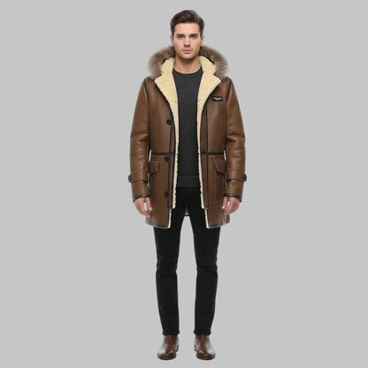 Men’s Distressed Brown Hooded Shearling Leather Coat