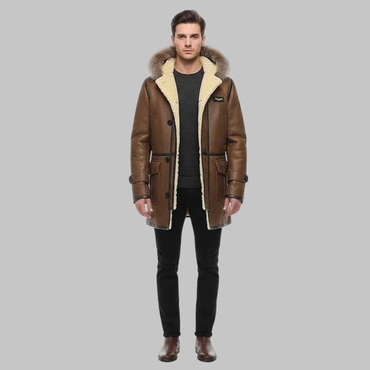 Men’s Distressed Brown Hooded Shearling Leather Coat