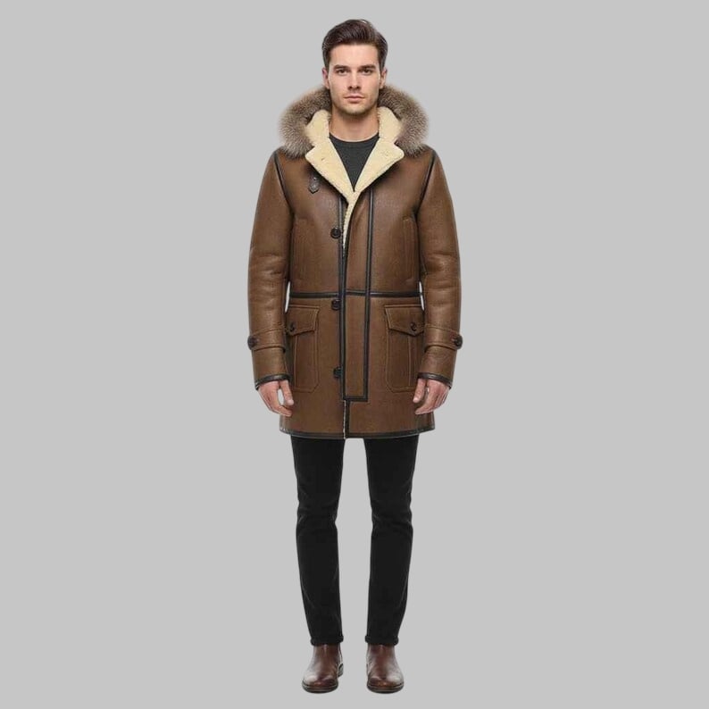 Men’s Distressed Brown Hooded Shearling Leather Coat