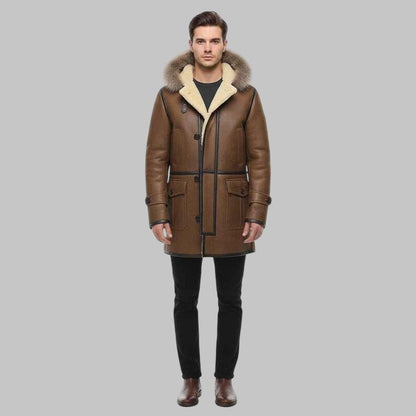 Men’s Distressed Brown Hooded Shearling Leather Coat