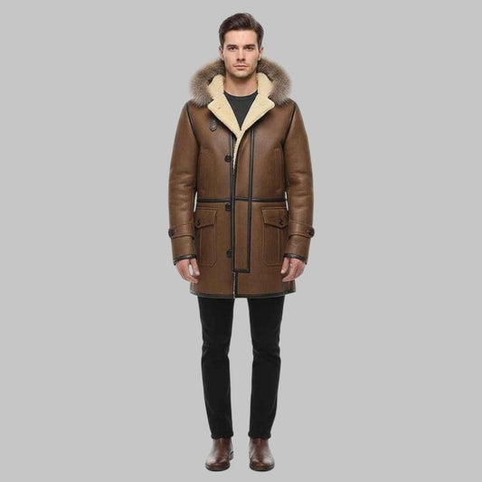 Men’s Distressed Brown Hooded Shearling Leather Coat