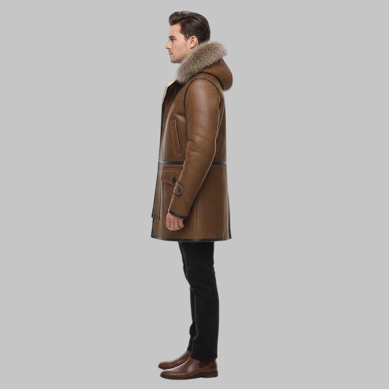 Men’s Distressed Brown Hooded Shearling Leather Coat