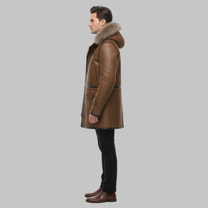 Men’s Distressed Brown Hooded Shearling Leather Coat