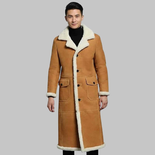 Men’s Handmade Brown Suede Shearling Leather Coat
