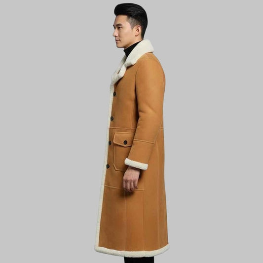 Men’s Handmade Brown Suede Shearling Leather Coat
