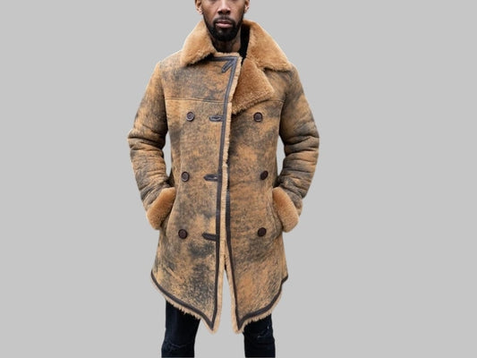 Men’s Vintage Shearling Sheepskin Leather Coat Long Brown Winter Jacket with Fur Lining