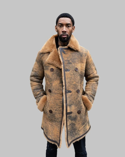 Men’s Vintage Shearling Sheepskin Leather Coat Long Brown Winter Jacket with Fur Lining