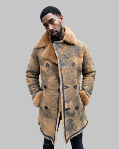 Men’s Vintage Shearling Sheepskin Leather Coat Long Brown Winter Jacket with Fur Lining
