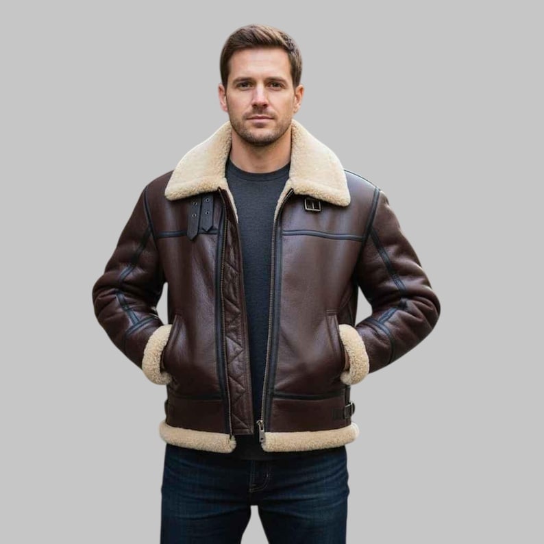 Men’s Chocolate Brown Shearling B3 Bomber Aviator Jacket – RAF Pilot Vintage Leather Jacket