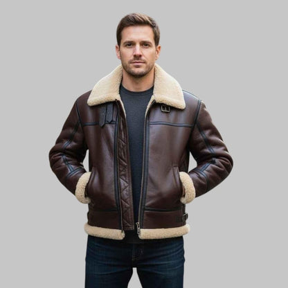 Men’s Chocolate Brown Shearling B3 Bomber Aviator Jacket – RAF Pilot Vintage Leather Jacket