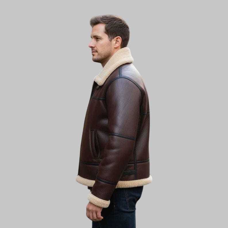 Men’s Chocolate Brown Shearling B3 Bomber Aviator Jacket – RAF Pilot Vintage Leather Jacket