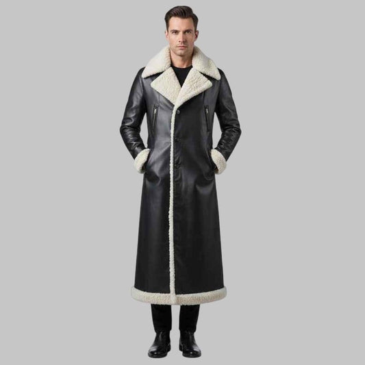 Men’s Long Shearling Trench Coat Luxury Handmade Sheepskin Leather Winter Coat