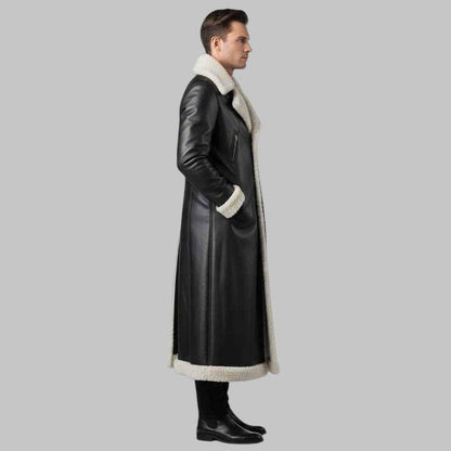 Men’s Long Shearling Trench Coat Luxury Handmade Sheepskin Leather Winter Coat