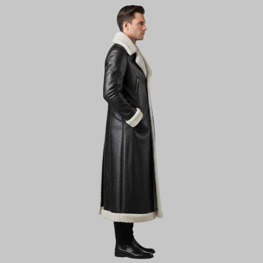 Men’s Long Shearling Trench Coat Luxury Handmade Sheepskin Leather Winter Coat