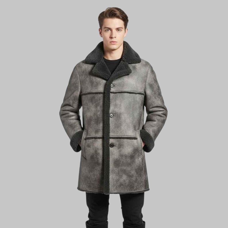 Men’s Distressed Black Shearling Leather Coat Vintage Winter Sheepskin Jacket
