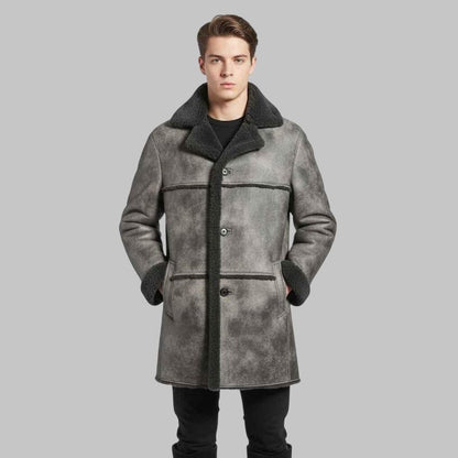 Men’s Distressed Black Shearling Leather Coat Vintage Winter Sheepskin Jacket