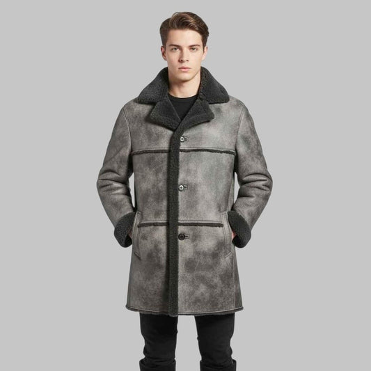 Men’s Distressed Black Shearling Leather Coat Vintage Winter Sheepskin Jacket