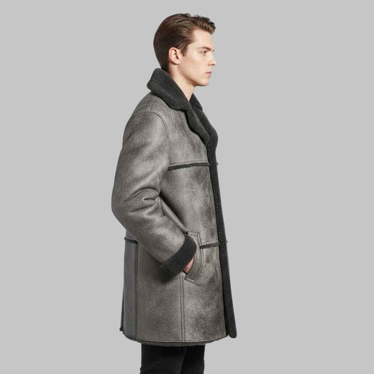 Men’s Distressed Black Shearling Leather Coat Vintage Winter Sheepskin Jacket