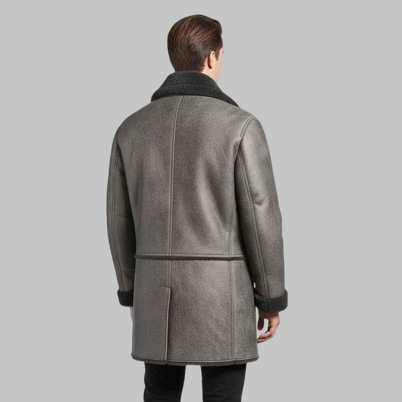Men’s Distressed Black Shearling Leather Coat Vintage Winter Sheepskin Jacket