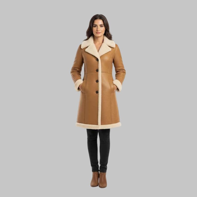 Women’s Brown Aviator Shearling Leather Coat Vintage Sheepskin Winter Jacket