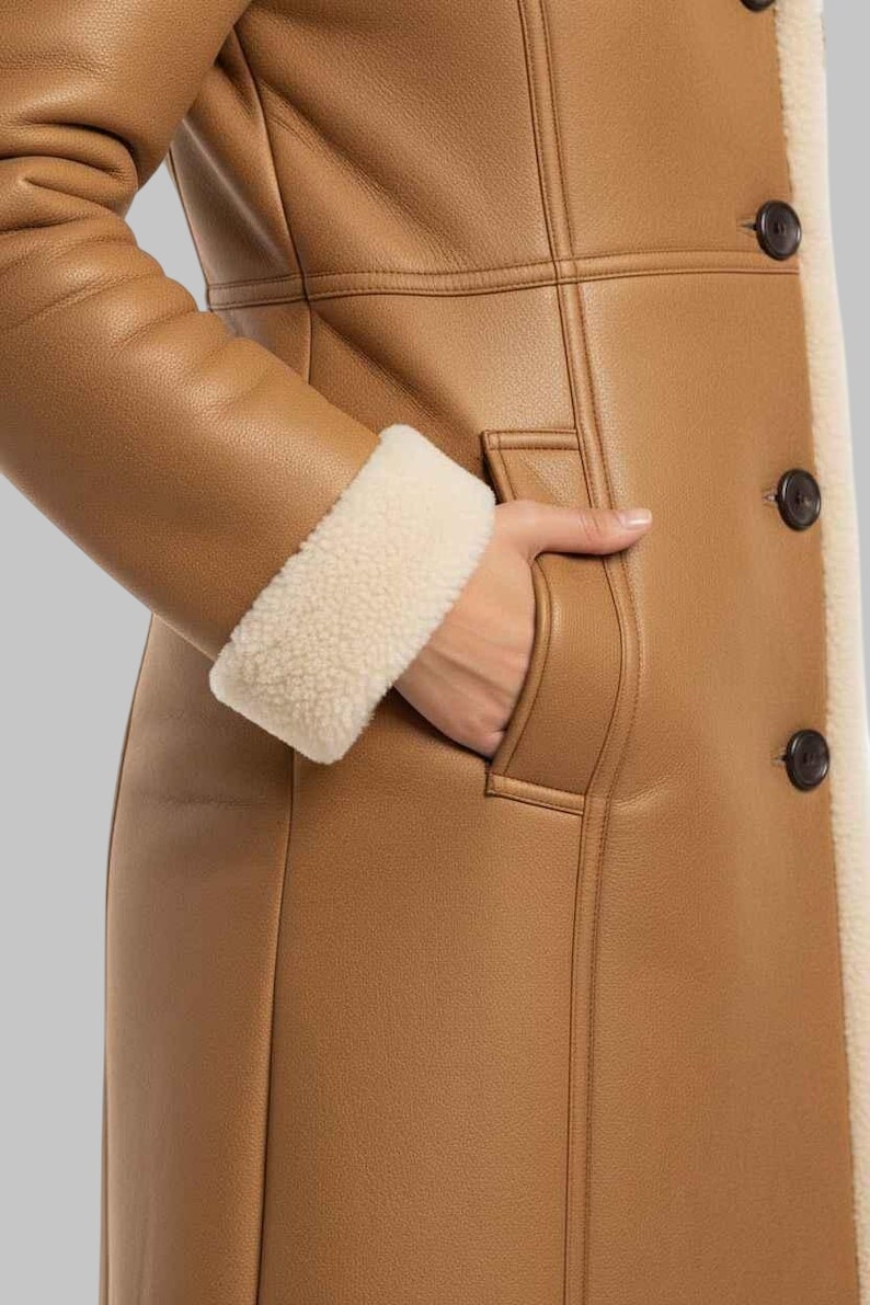 Women’s Brown Aviator Shearling Leather Coat Vintage Sheepskin Winter Jacket