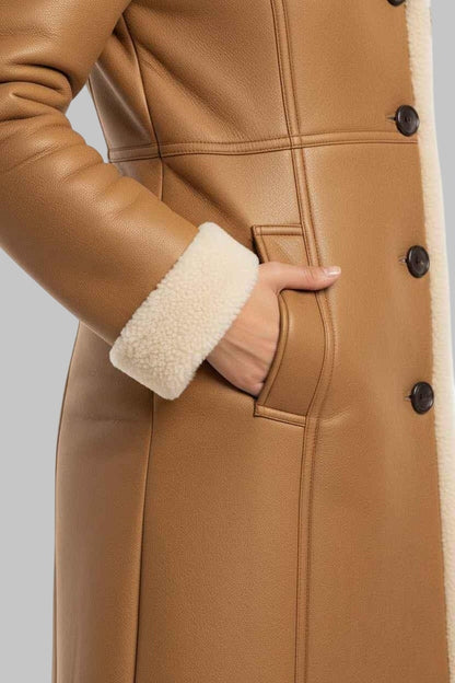 Women’s Brown Aviator Shearling Leather Coat Vintage Sheepskin Winter Jacket