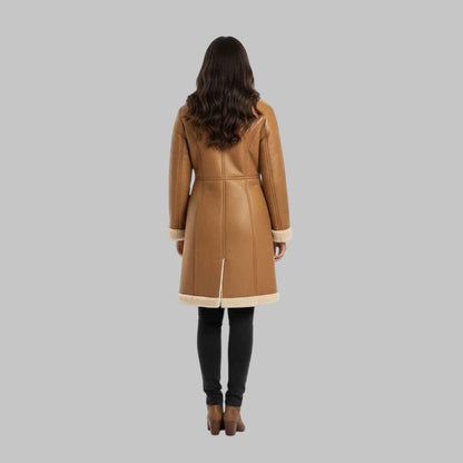 Women’s Brown Aviator Shearling Leather Coat Vintage Sheepskin Winter Jacket