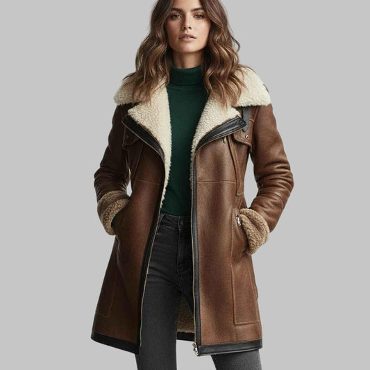 Women’s Brown Shearling Leather Coat Genuine Sheepskin Fur-Lined Winter Aviator Jacket