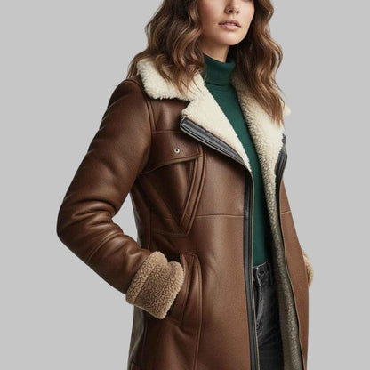 Women’s Brown Shearling Leather Coat Genuine Sheepskin Fur-Lined Winter Aviator Jacket