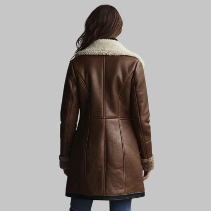 Women’s Brown Shearling Leather Coat Genuine Sheepskin Fur-Lined Winter Aviator Jacket