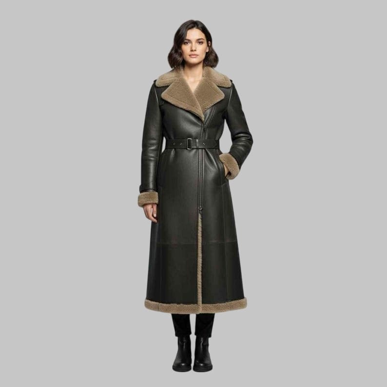 Women Shearling Leather Coat Dark Brown Sheepskin Fur Lined Winter Aviator Jacket