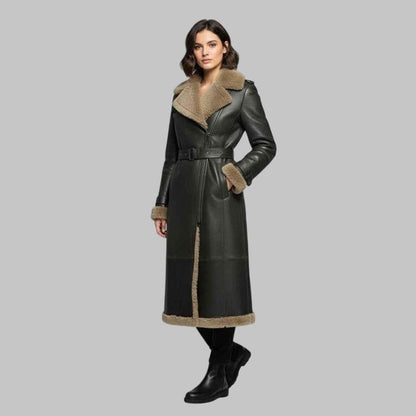 Women Shearling Leather Coat Dark Brown Sheepskin Fur Lined Winter Aviator Jacket