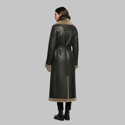 Women Shearling Leather Coat Dark Brown Sheepskin Fur Lined Winter Aviator Jacket