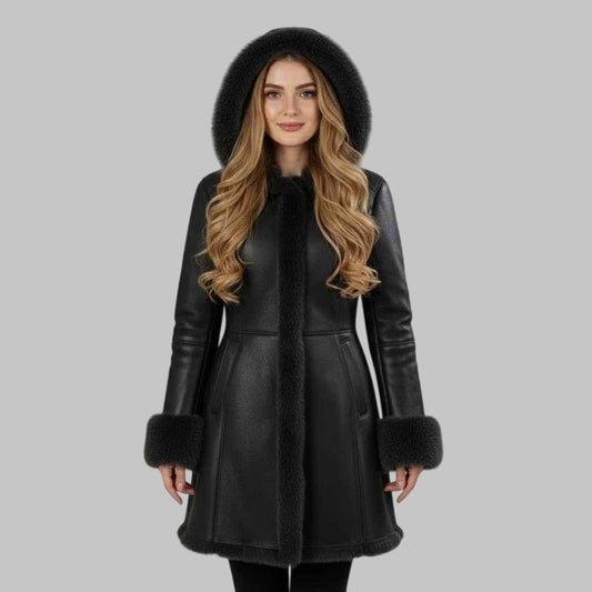Women Black Hooded Shearling Leather Coat Genuine Sheepskin Fur Lined Jacket