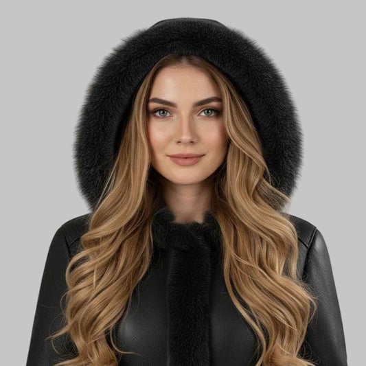Women Black Hooded Shearling Leather Coat Genuine Sheepskin Fur Lined Jacket
