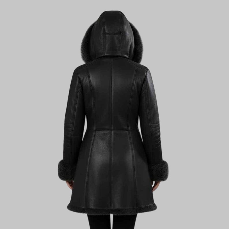 Women Black Hooded Shearling Leather Coat Genuine Sheepskin Fur Lined Jacket