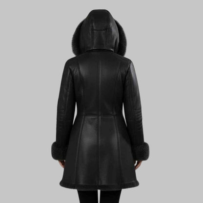Women Black Hooded Shearling Leather Coat Genuine Sheepskin Fur Lined Jacket