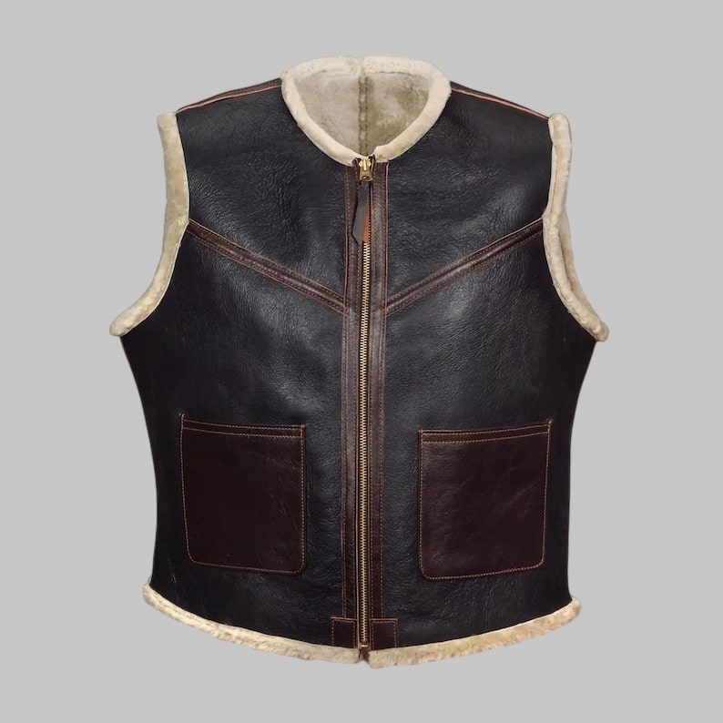 Men Shearling Leather Aviator Vest Vintage Sheepskin Flight Gilet
