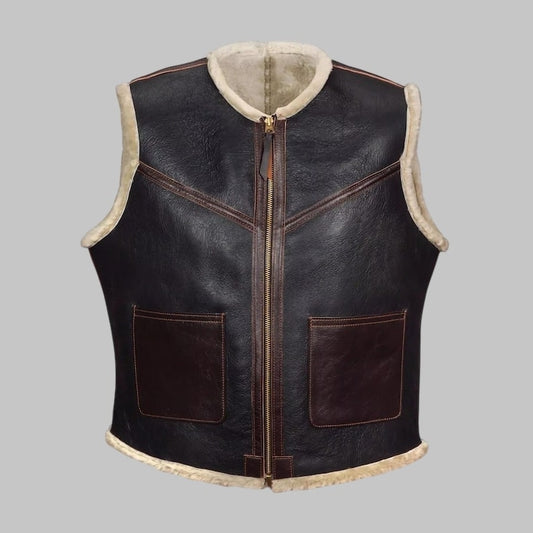 Men Shearling Leather Aviator Vest Vintage Sheepskin Flight Gilet