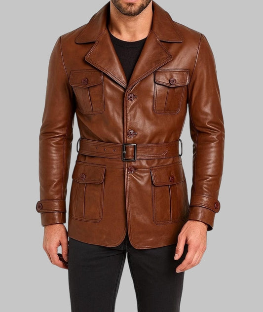 Men Brown Leather Jacket Jason Statham Inspired Vintage Belted Design