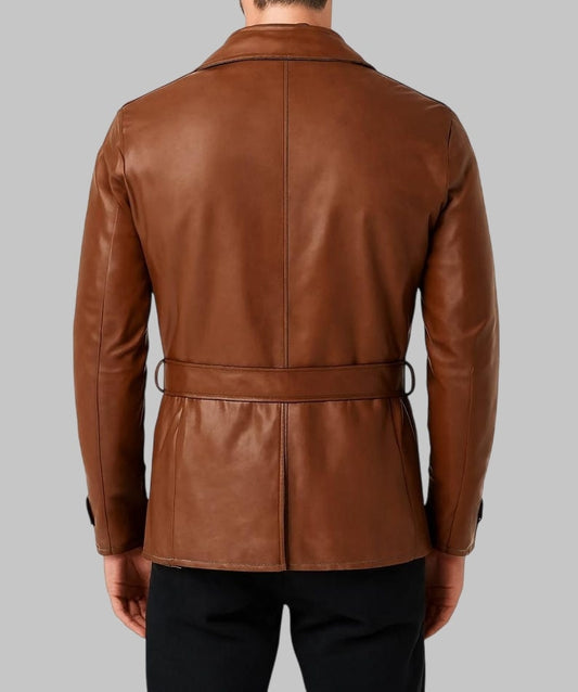 Men Brown Leather Jacket Jason Statham Inspired Vintage Belted Design