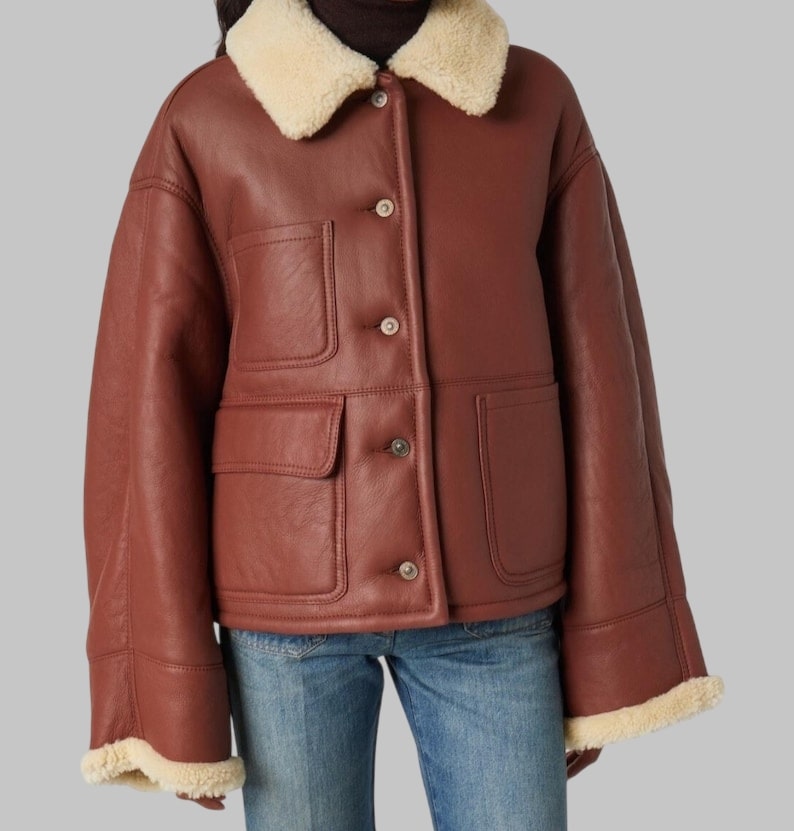 Women Brown Shearling Jacket Victoria Beckham Inspired Real Sheepskin Aviator Coat