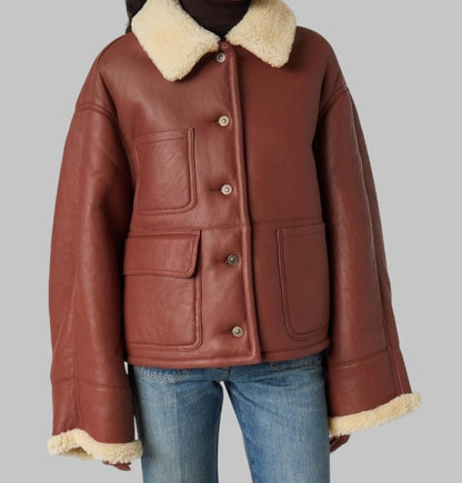 Women Brown Shearling Jacket Victoria Beckham Inspired Real Sheepskin Aviator Coat